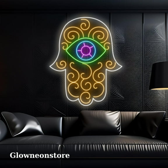 Glowneon Hamesh Bend Pattern Neon Sign, Hamesh Eye Illuminati Decor Sign, Hand Of Fatima Led Sign