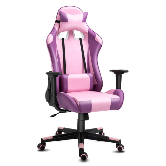 Gaming Chair with Headrest and Lumbar Support, Height Adjustable Swivel Office Chair High-Back Recliner, Purple Black