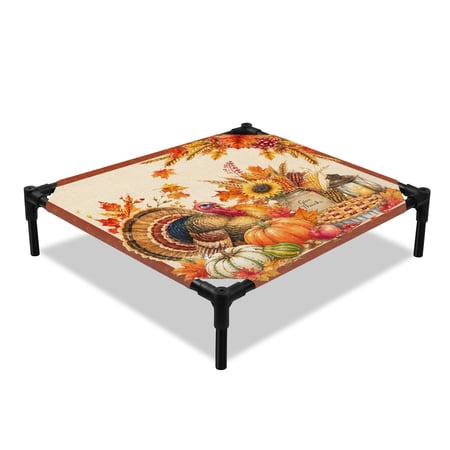Thanksgiving Fall Elevated Dog Bed Rustic Orange White Pumpkin Turkey Bird Leaf Cooling Breathable Outdoor Raised Dog Cot Bed with Metal Frame Non-Slip Feet for Small Dog 20x20in