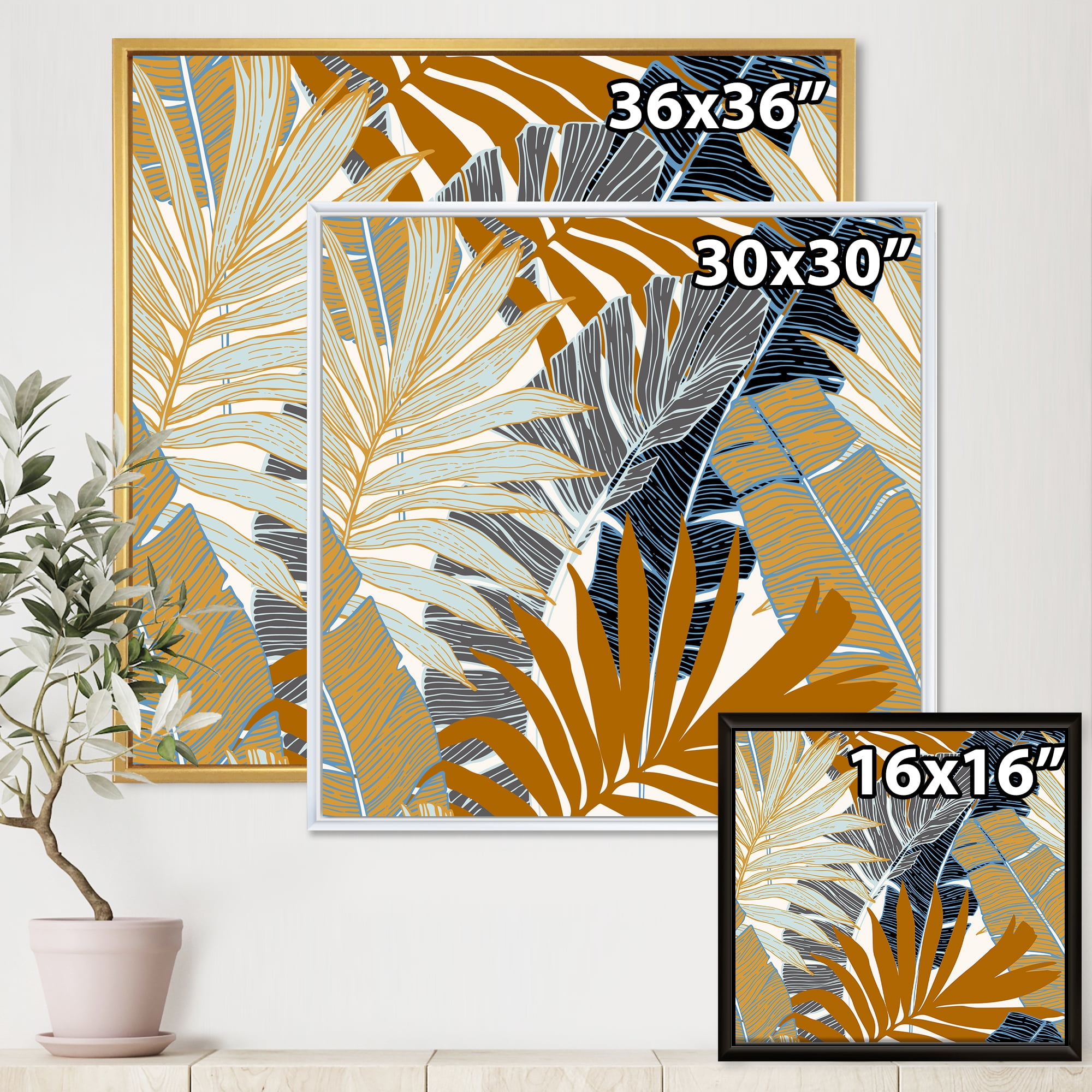 Designart 'Abstract Tropical Summer Banana Leaves and Palm Tree' Modern Framed Canvas Wall Art Print