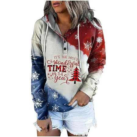 

Hooded Sweatshirts Womens Button Down Long Sleeve Print Pullover Shirts Loose Hoodies Outwear