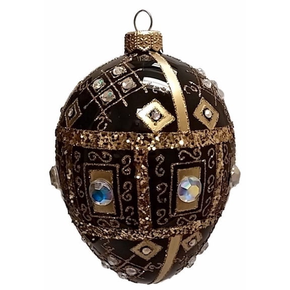 Pinnacle Peak Trading Black and Gold Jeweled Faberge Inspired Egg Polish Glass Christmas Ornament