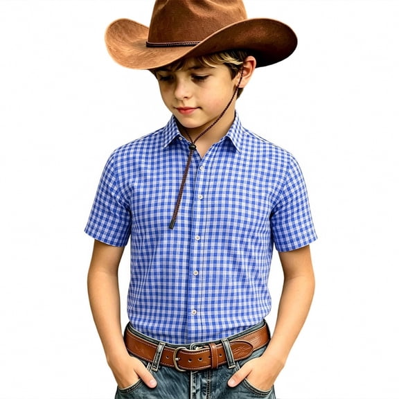 KHONTS Boy's Plaid Printed Collared Linen Shirts Button down Oktoberfest Western Cowboy Shirts,Size 4-15 Years Blue 160