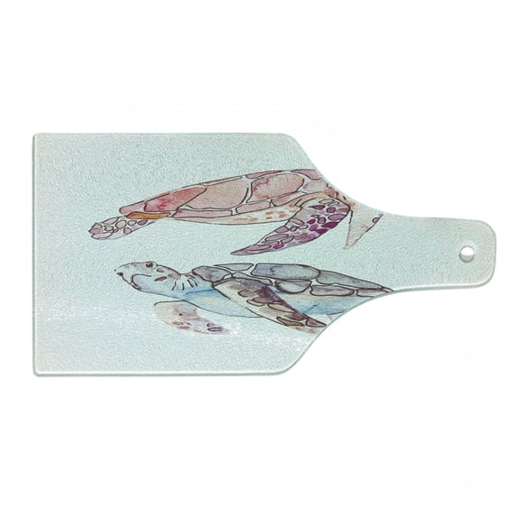 Turtle Cutting Board, Hand Painted Watercolor Art of 2 Turtles Pastel Underwater Theme, Decorative Tempered Glass Cutting and Serving Board, Wine Bottle Shape, Pink Fuchsia Purple, by Ambesonne