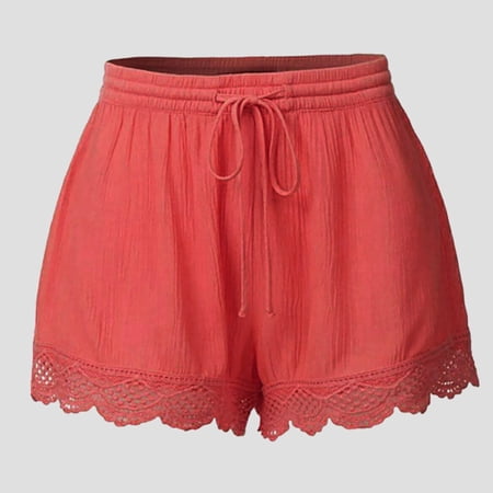 FASHOFT Boxer Shorts for Women Pajama Shorts Lace Trim Casual Lounge Sleep Solid Y2K Beach Bottoms for 2026 Summer Watermelon Red L