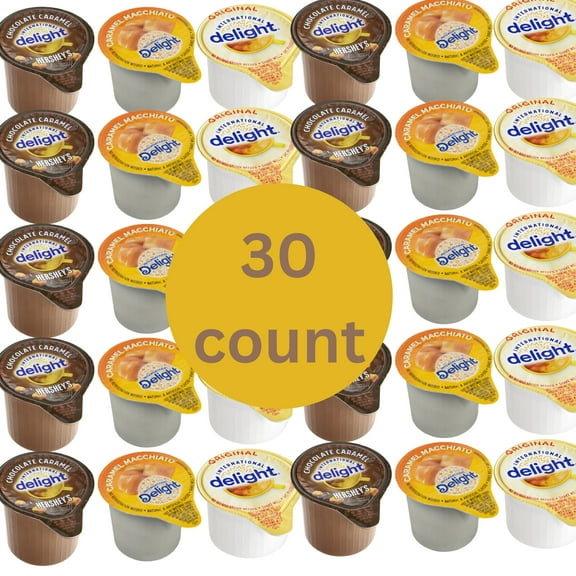 International Delight Coffee Creamer Singles Variety Pack, 30 Count – Caramel Macchiato, Hershey’s Chocolate Caramel & Original, Shelf Stable Liquid Creamer Cups