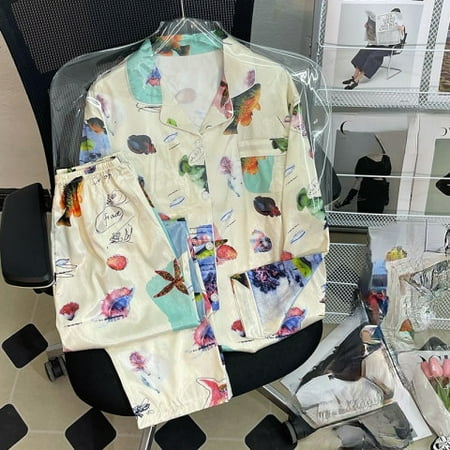

PIKADINGNIS 2 Piece Women Set Spring Autumn Long Sleeve Pajamas for Woman Silk Fashion Sleepwear Flowers Bird Print Sexy Satin Pajama Set
