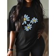 thumbnail image 3 of Women's T-Shirt Minimalist Light Blue Yellow Daisy Floral Short Sleeve Casual Tee Classic Crew Neck T Shirt for Women Black, 2XL, 3 of 7