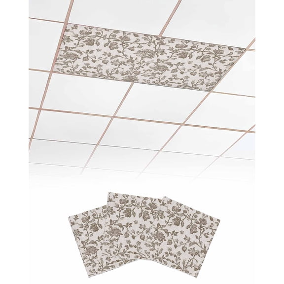 Farmhouse Brown Fluorescent Light Covers for Ceiling Lights 4x2 feet,3 Pack Magnetic Light Filters for Classroom,Vintage Flower Leaf Botanical Plant Fluorescent Light Shade Panel for Office School