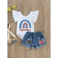 thumbnail image 2 of Bagilaanoe 4th of July Clothes for Toddler Baby Girls Letter Star Print Fly Sleeve Romper Tops + Ripped Jeans Denim Shorts 1T 2T 3T 4T 5T 6T Kids Independence Day Outfits 2pcs Short Pants Set, 2 of 8