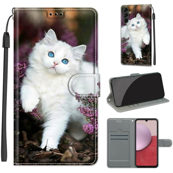 SaniMore Wallet Case for Samsung Galaxy A14 5G 6.6" 2023, PU Leather Color Painting Kickstand Wrist Strip Magnetic Clasp Cash Pocket Card Holders Shockproof Full Protective Case, White Cat