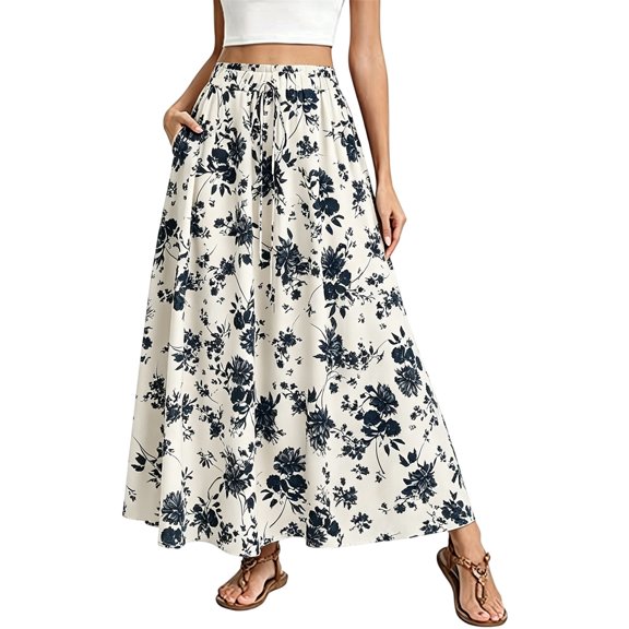 XIAOCHA Floral Print High Waist Maxi Skirt for Women Drawstring Pocket Boho Casual Long Skirt