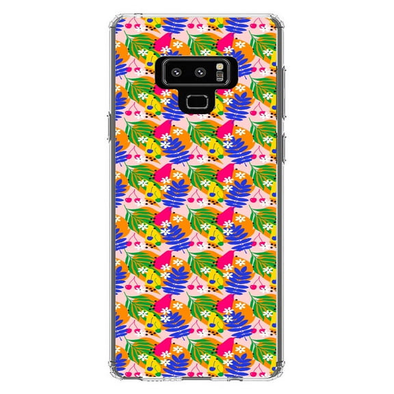 DistinctInk Clear Shockproof Hybrid Case for Samsung Galaxy Note 9 - TPU Bumper, Acrylic Back, Tempered Glass Screen Protector - Summer Vibes Floral Pattern Blue Orange Pink