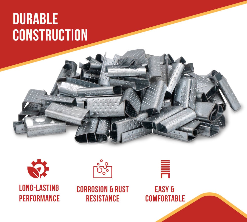 Verpakking open gekartelde zegels en stevige metalen clips voor 16 mm plastic PET-riem, ideaal voor het vastzetten van zware verpakkingen en palletbanding, duurzaam en betrouwbaar Verpakking open gekartelde zegels en stevige metalen clips voor 16 mm plastic PET-riem, ideaal voor het vastzetten van zware verpakkingen en palletbanding, duurzaam en betrouwbaar