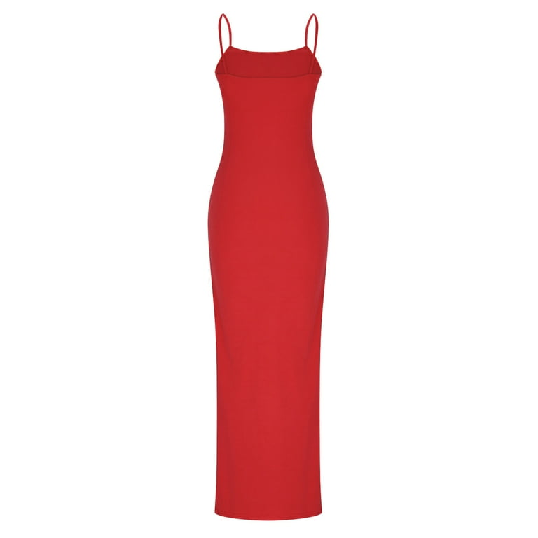 red bodycon maxi dress with thigh split Zedker Women's Spaghetti Strap Bodycon Maxi Dress Long Formal Thigh-high  Slit Club Wedding Guest Red Plus S