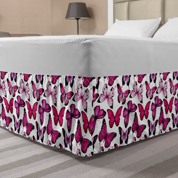 Butterfly Bed Skirt, Vibrant Watercolor Animals Patterns Warm Climate Creatures Spring Season, Elastic Bedskirt Dust Ruffle Wrap Around for Bedding Decor, 4 Sizes, Pink Magenta Black, by Ambesonne