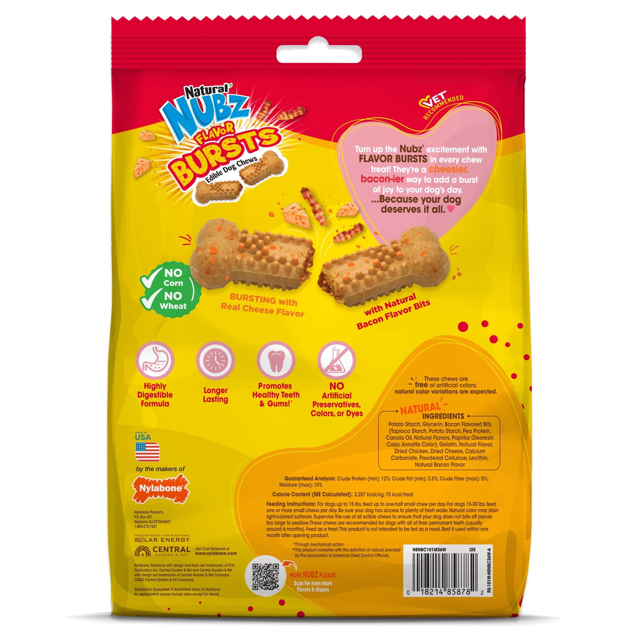 Nylabone Nubz Flavor Bursts Natural Dog Treats for Small Dogs, Bacon & Cheese Flavor Dog Bones, Small - Up to 30 lbs., 36 Count