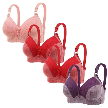 Plus Size Bra  Lace Stitching  Plaid Printing  Non-Steel Ring  Non-Magnetic Buckle  Underwear Bra  Comfortable  For Women  Everyday Wear  Supportive  Seamless Design  Ladies Bras | Pink XXXL