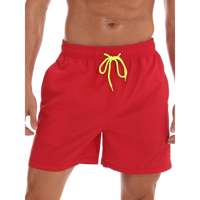 Daeful Boardshorts Elastic-Waist Swimsuit Drawstring Beach Pants Men Fitness Sports Solid Color Bathing Suit Red L