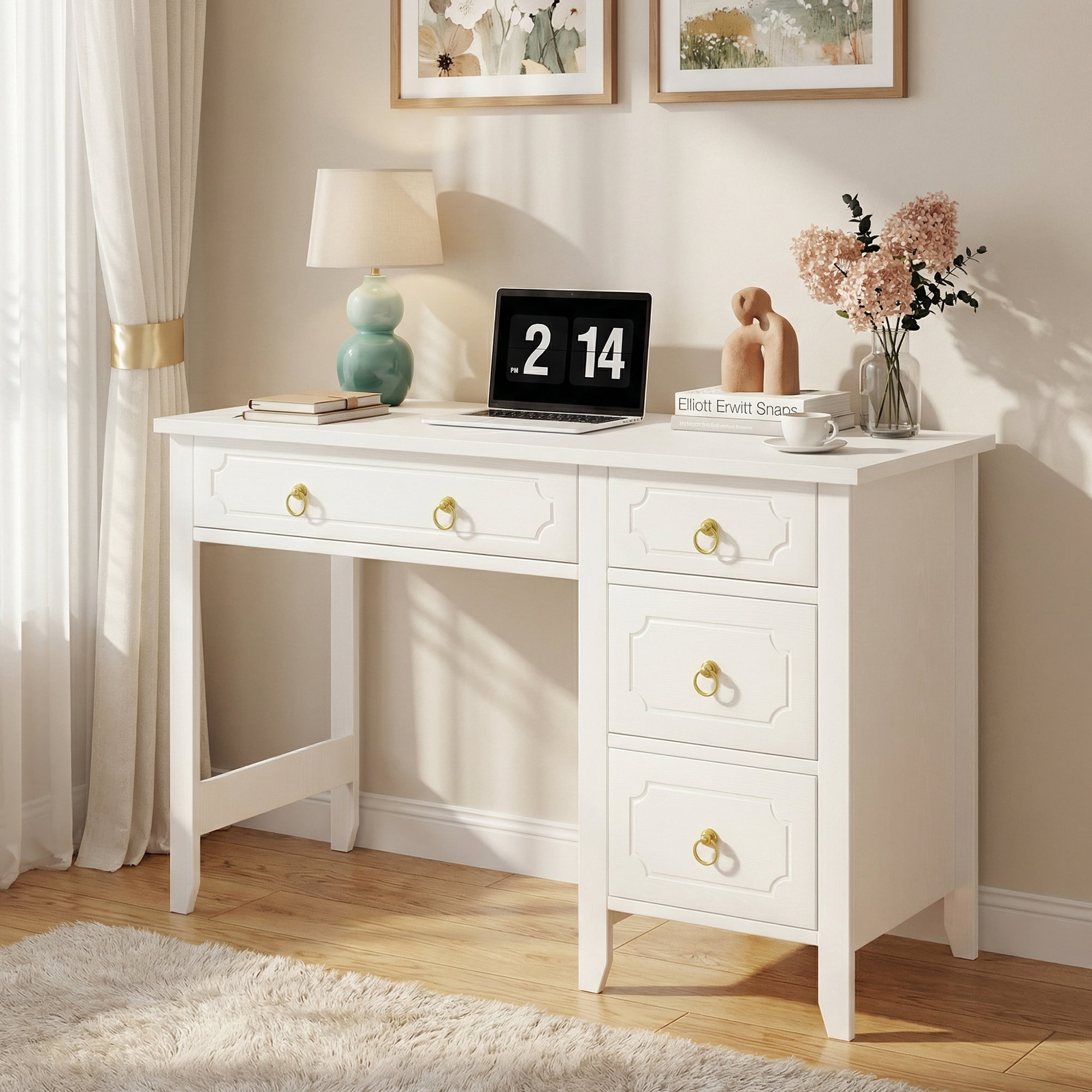 DreamCurship White Desk with 4 Drawers, Computer Desk with Storage, Home Office Desk for Small Spaces, Modern Makeup Vanity Dressing Desk, White
