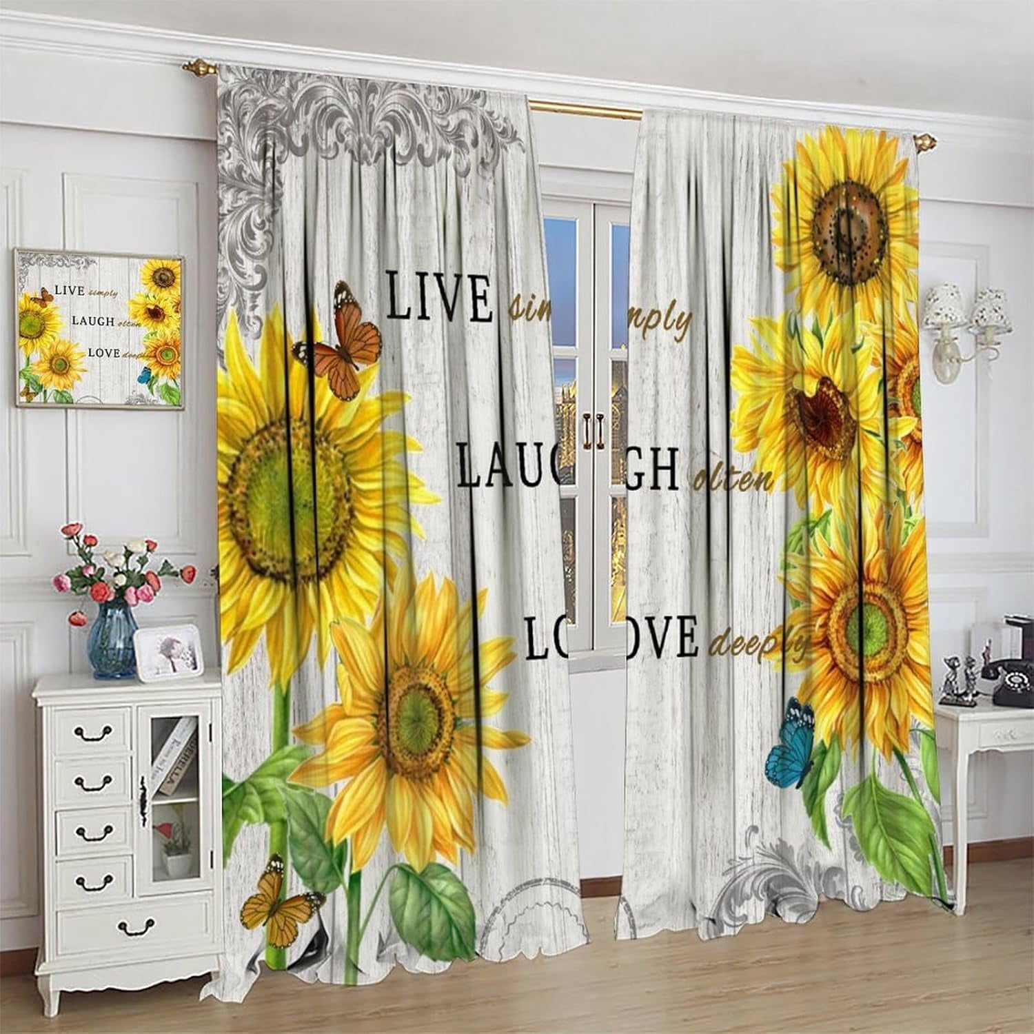 Vintage Sunflower Blackout Curtains for Kitchen,Rustic Wooden Green Spring Nature Plants Butterflies Sunshine Flowers Window Drapes Print for Kids Girls Bedroom Bathroom Living Room 42x54in