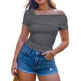 thumbnail image 3 of Blusa de manga corta con cuello asimétrico Y2K para mujer con hombros descubiertos, 3 of 5