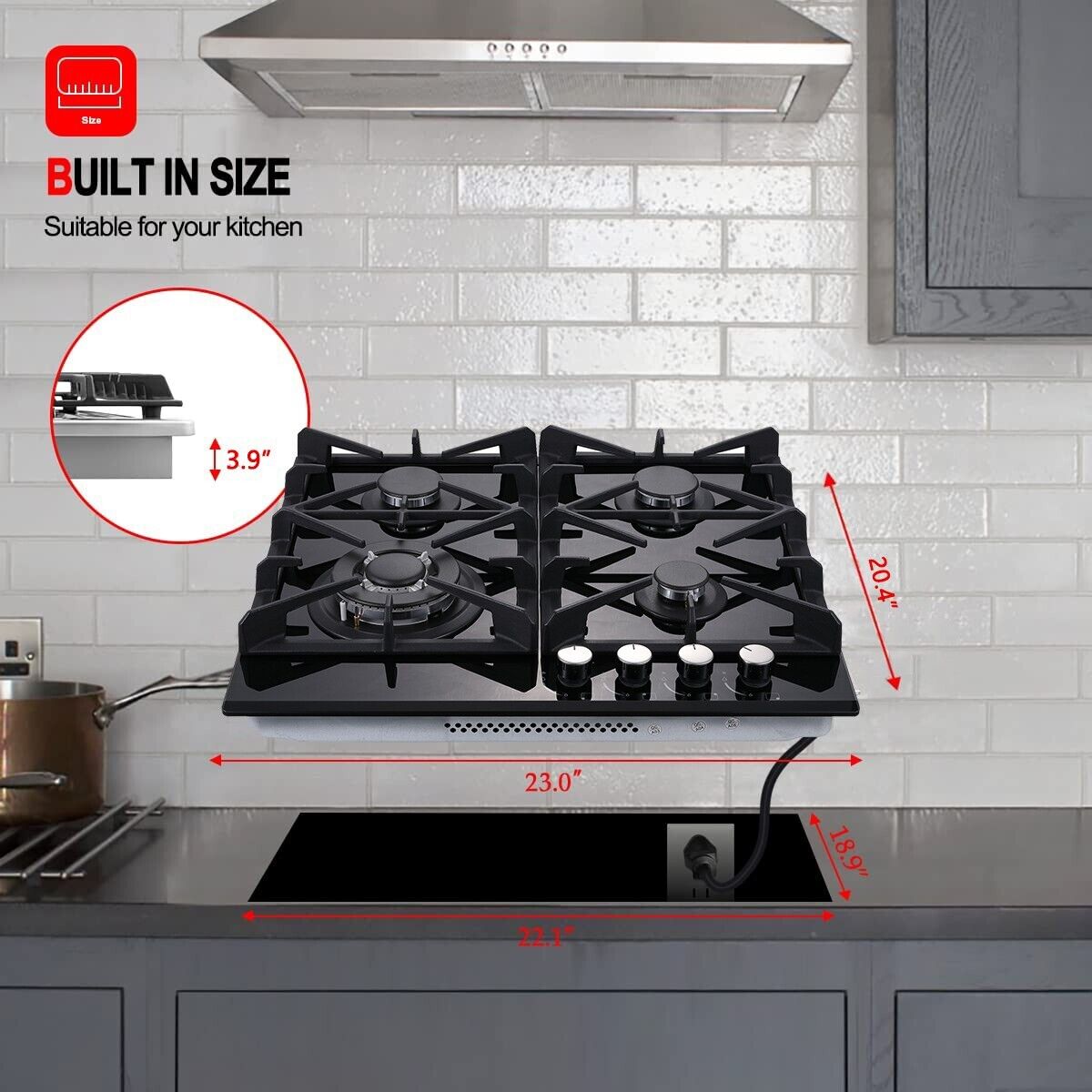 24" Kitchen Built-in Gas Cooktop 4 burners NG/LPG Stainless Steel Tempered Glass