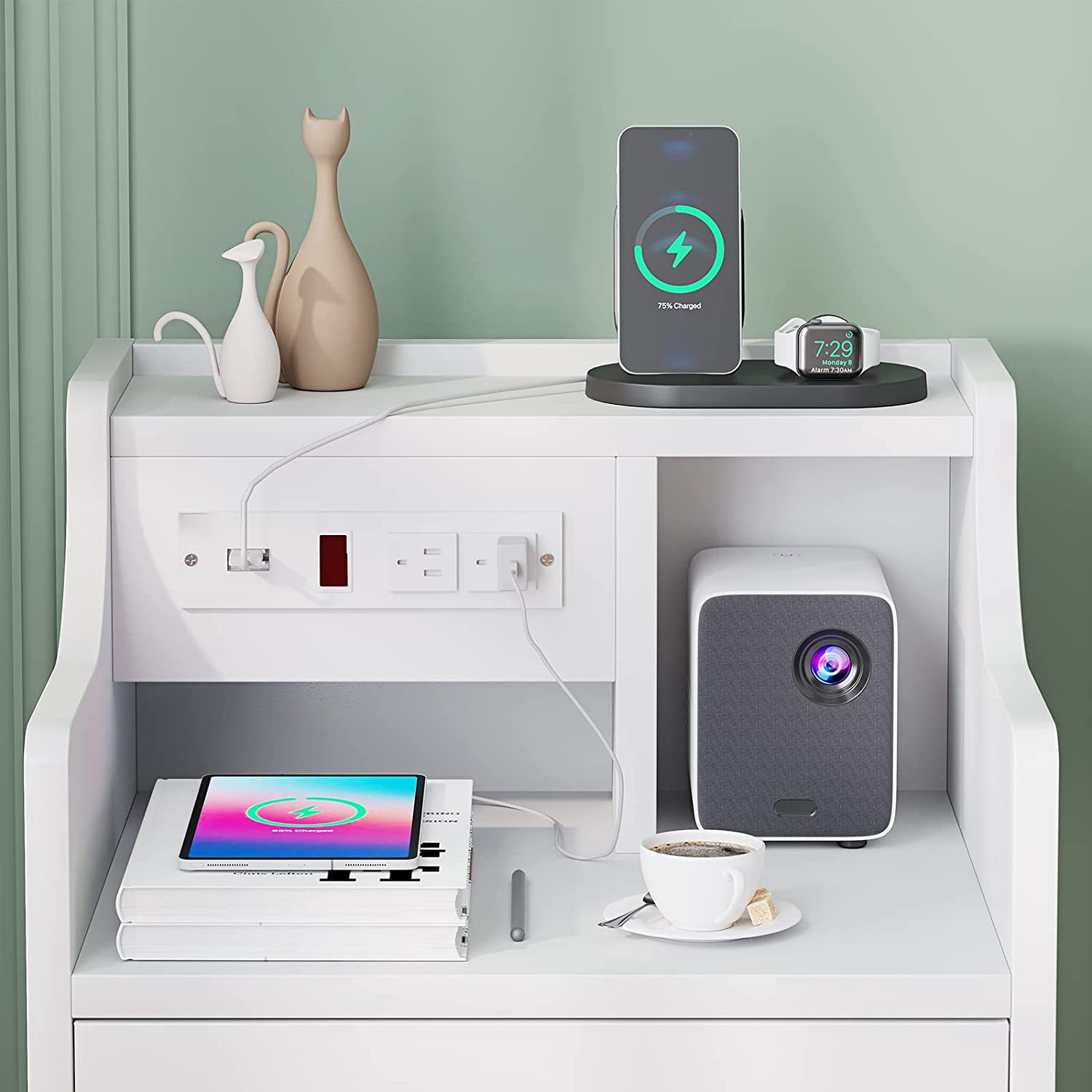 Nightstand with Charging Station, Smart Bedside Table, End Side Table with Drawers for Bedroom, White