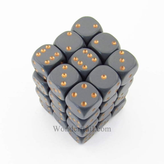 Dark Grey Opaque D6 Dice with Copper Pips 12mm (1/2in) Pack of 36 Dice Chessex