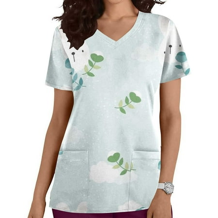

PEZHADA Easter Scrubs Tops for Women Fashion Nursing Uniform Breathable Workout Blouse Working Clothing Bunny Rabbit Eggs Printed V Neck Short Sleeve T-Shirts Tee With Pocket Green S