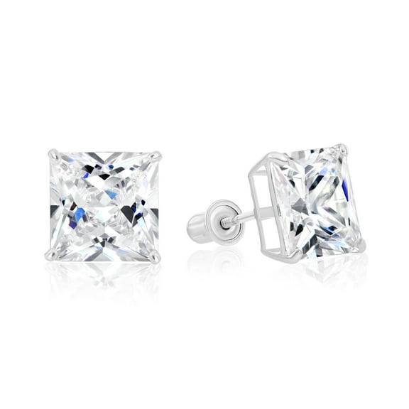 Tilo Jewelry 14k White Gold Princess Cut Square CZ Stud Post Earrings With Screw-Backs (8MM) - Women, Men, Unisex