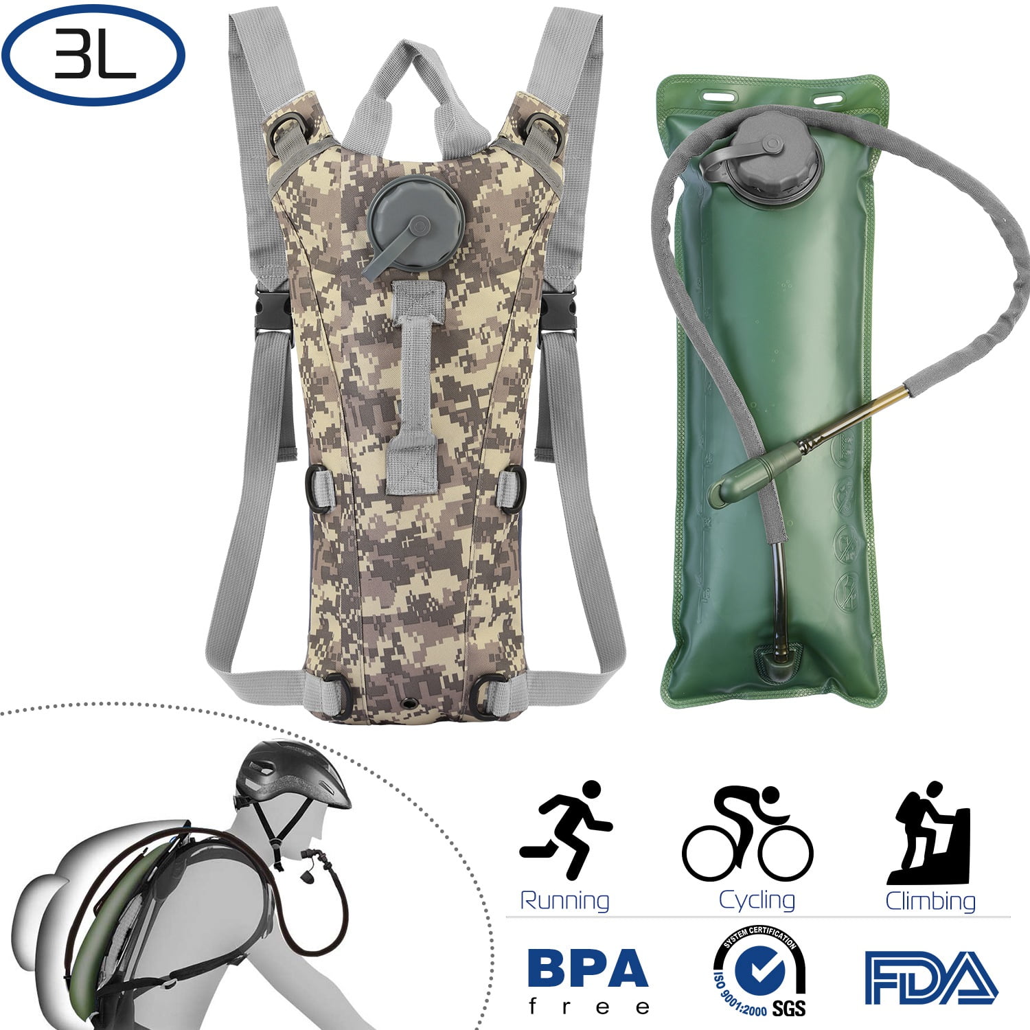 iMountek 3L Water Bladder Bag Sport Hiking Camping Hydration Backpack  Outdoor, Brown 