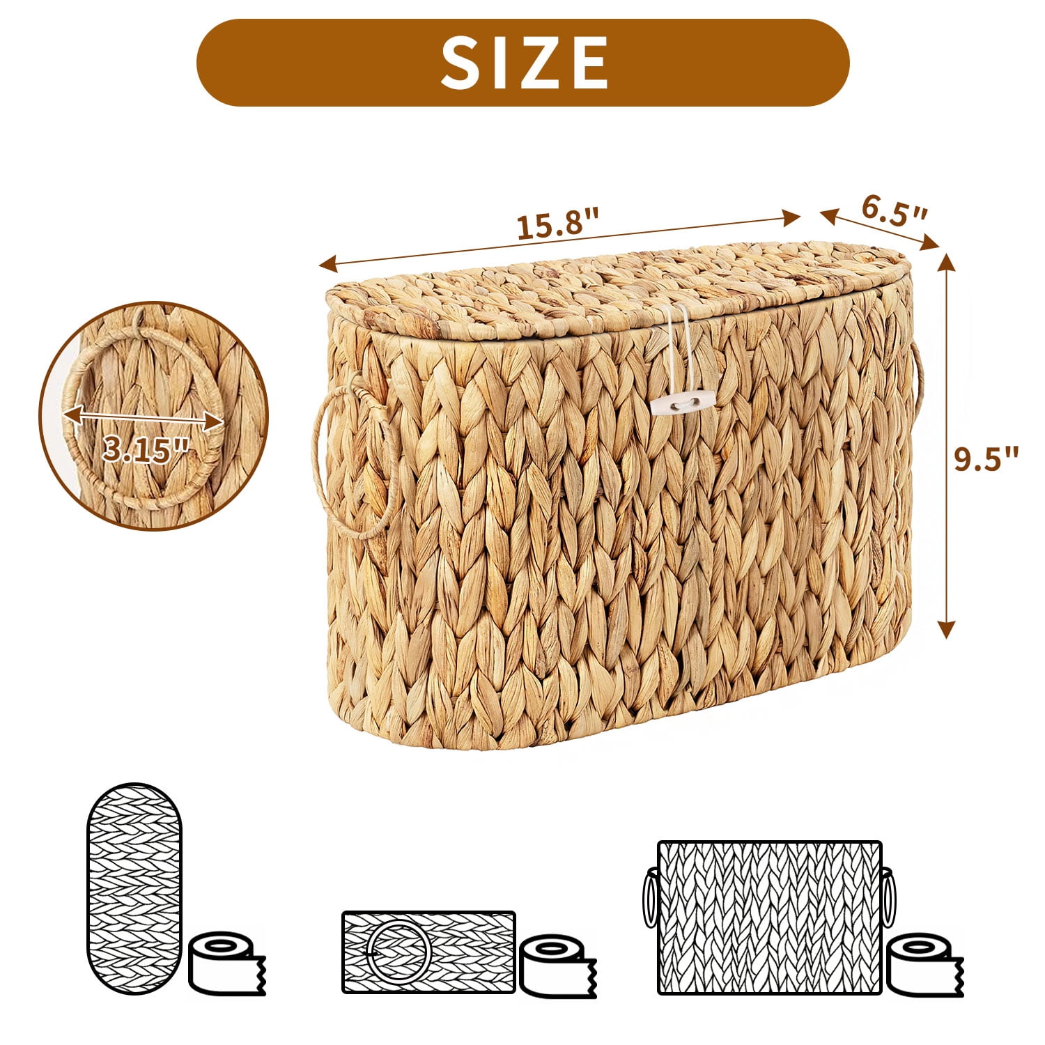 YAOYAO LAND Toilet Paper Storage Basket with Lid, Water Hyacinth Slim Toilet Paper Holder - Holds Up to 6 Mega Rolls, Wicker Basket for Bathroom Organization, Natural