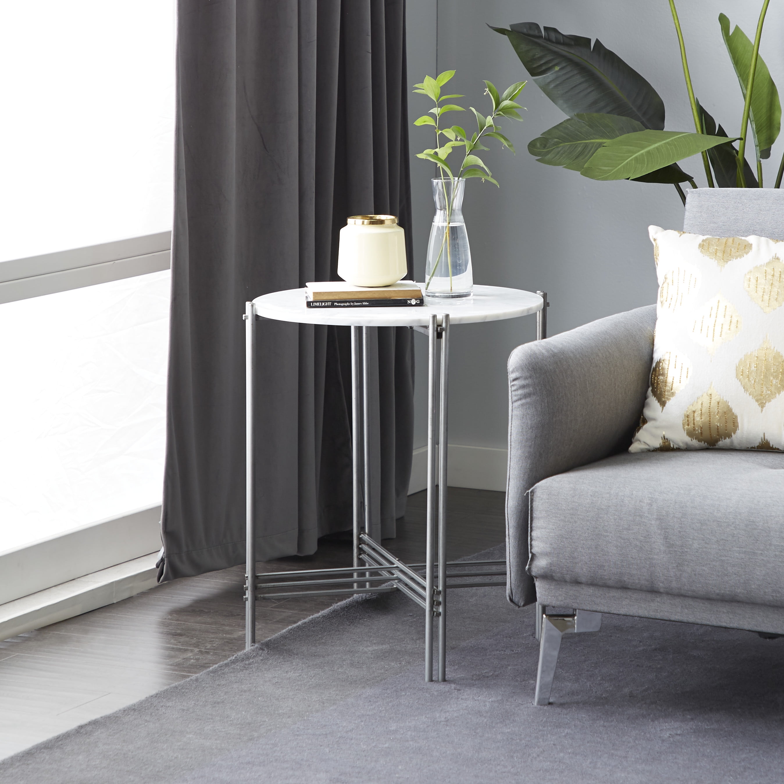 DecMode Small Round Light Marble Accent Table With Tarnished Silver