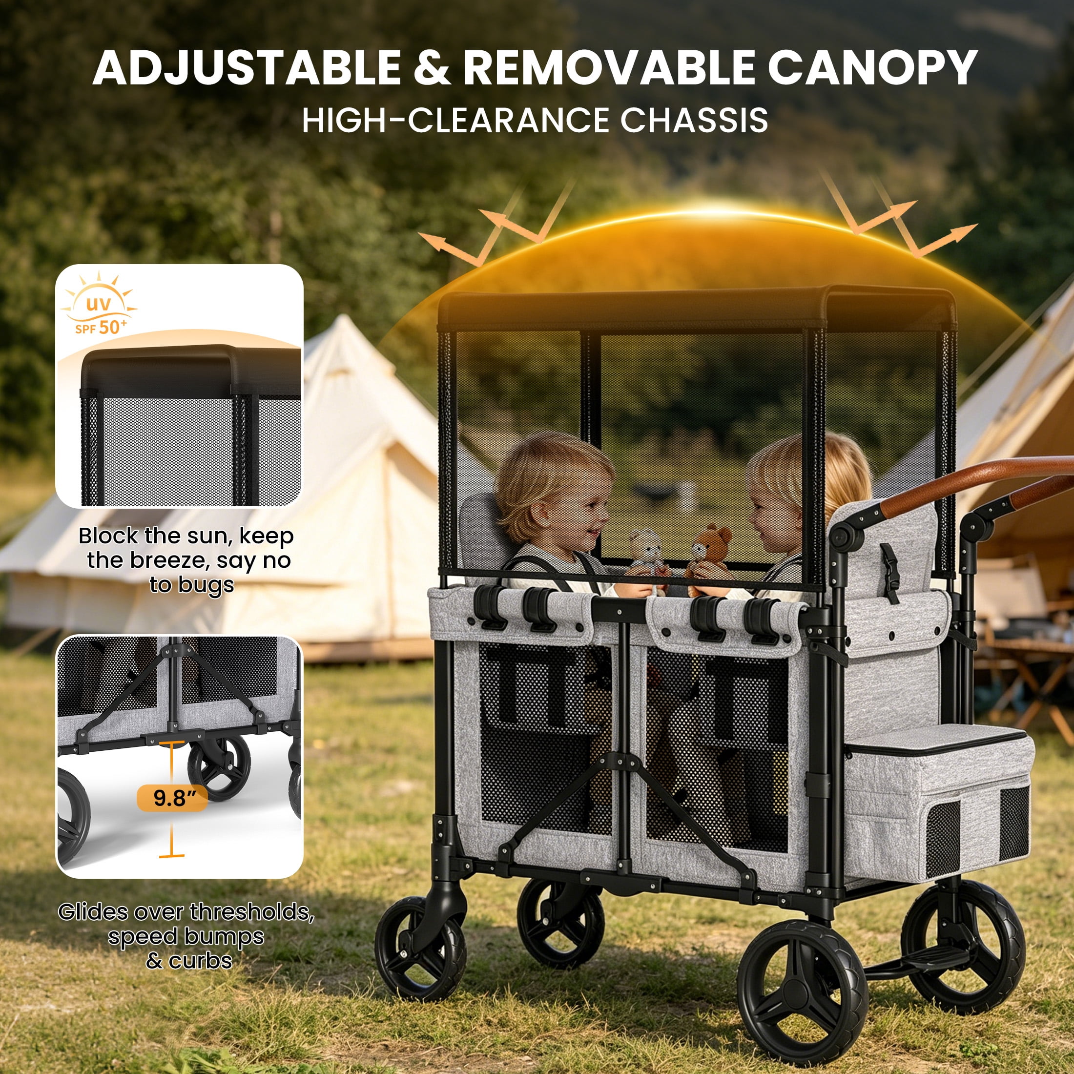 TouHeart 3-In-1 Wagon Stroller for 2 Kids, Foldable Stroller Wagon with Canopy, 5-Point Harness, Removable Reversible Seat, Grey（2026 Upgraded)