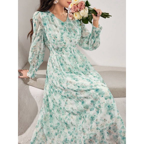 Mint Green Embroidered Floral V-Neck Long Sleeve Maxi Dress For Women