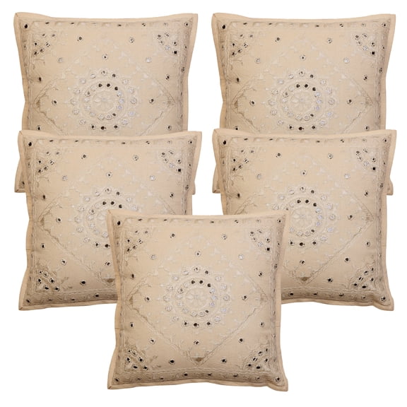 Stylo Culture Indian Settee Sofa Throw Pillow Covers 16x16 Hand Embroidered Beige Bohemian 40x40 cm Home Decor Cotton Mirrored Square Cushion Covers | Set Of 5