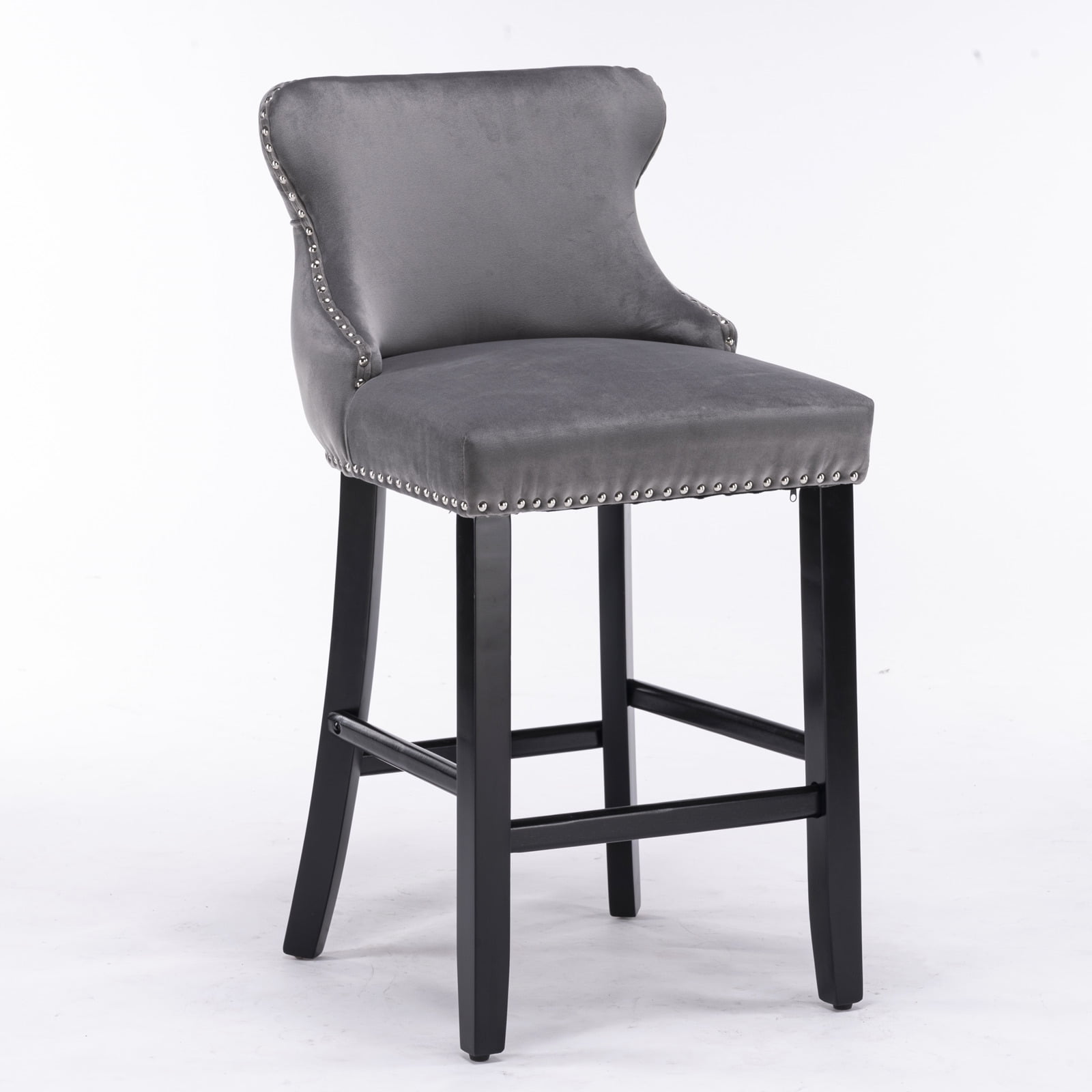 2 Piece Button Tufted Counter Height Dining Chairs, Velvet Bar Stools with Armrests & Footrests, Upholstered Pub Chair with Solid Wood Legs for Kitchen Home Bar, 22''L x 19''W x 37''H, Gray