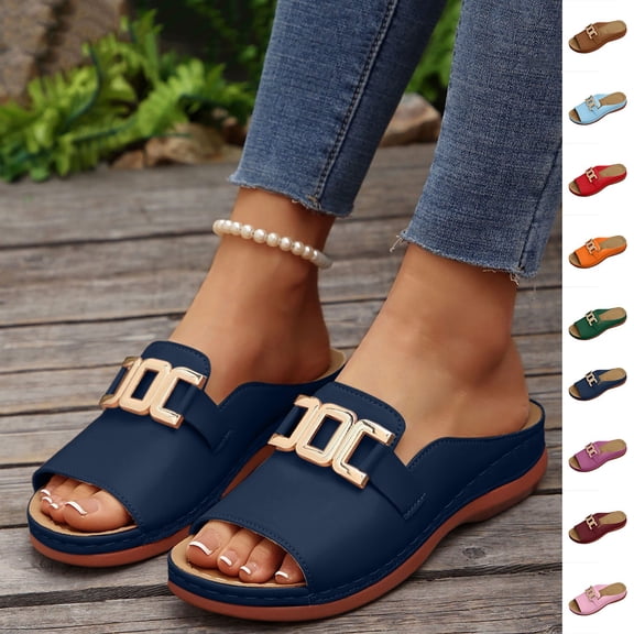 Zefriona Women's Casual Wedge Sandals Slip On Open Toe Comfortable Beach Slides With Metal Buckle Brown Size 6