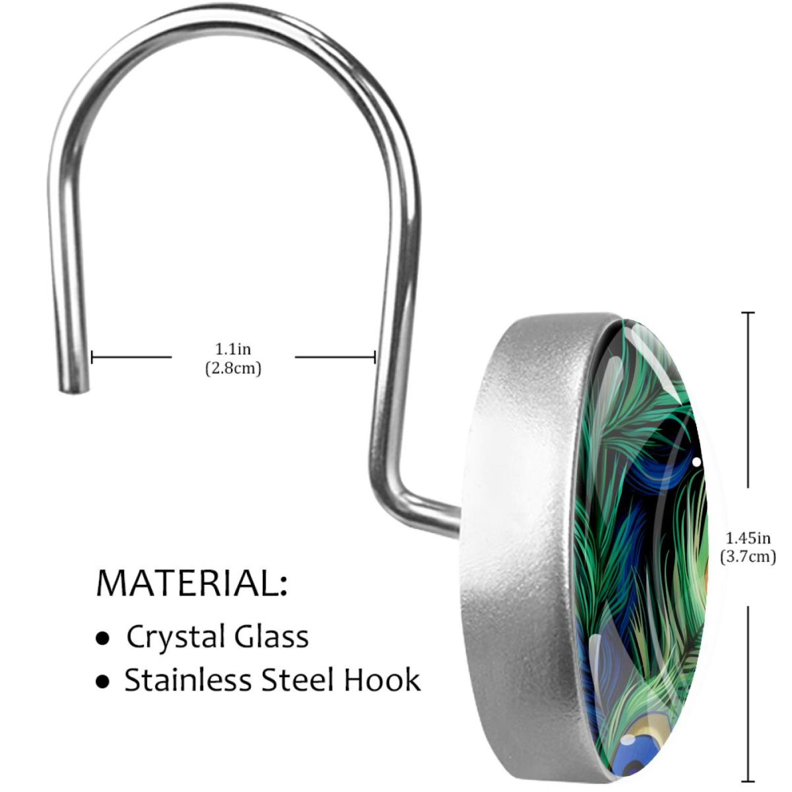 Peacock Feather Shower Curtain Hooks Round Crystal Glass, Set of 12 Shower Curtain Rings - Shower Hooks for Curtain Shower Rings