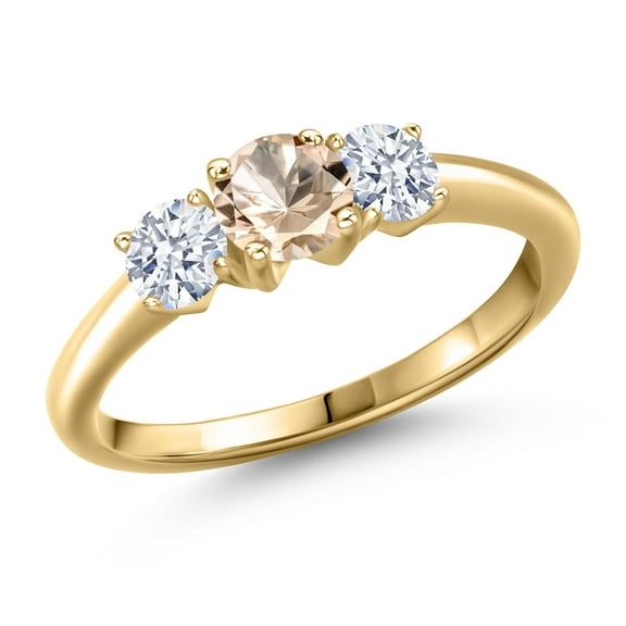 Gem Stone King 10K Yellow Gold Peach Morganite and White Zirconia Engagement Ring for Women | 0.90 Cttw | Round 5MM | Gemstone October Birthstone | Size 9