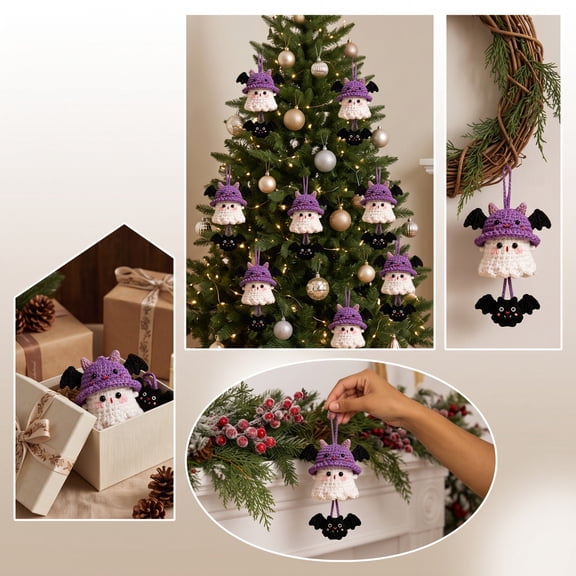 Qonioi Handmade Knitted Ghost Pendant, Cute Crochet Hanging Ornament for Christmas Tree, Halloween Decor Keychain Bag Charm Holiday Party Gift, Purple