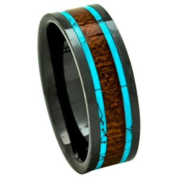 Men's Koa Wood Wedding Band with Turquoise 8mm Flat Top Black Ceramic Size 8 to 15 (14)