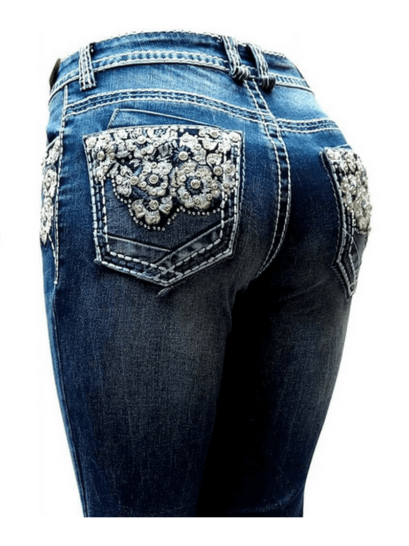 Jack David/H&Y Women's Rhinestone Bootcut Stretchy Denim