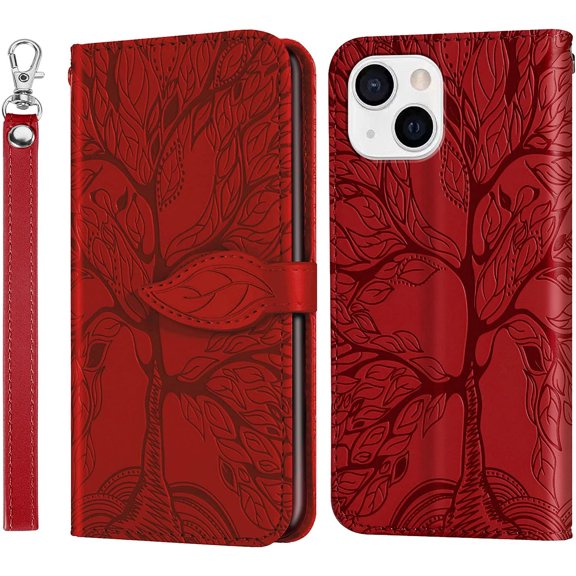 Compatible with iPhone 15 Wallet Case Women Leather Flip with Wrist Strap Kickstand Magnetic with Card Holder Adjustable Stand Protective Case for iPhone 15 6.1 inch Life Tree Red