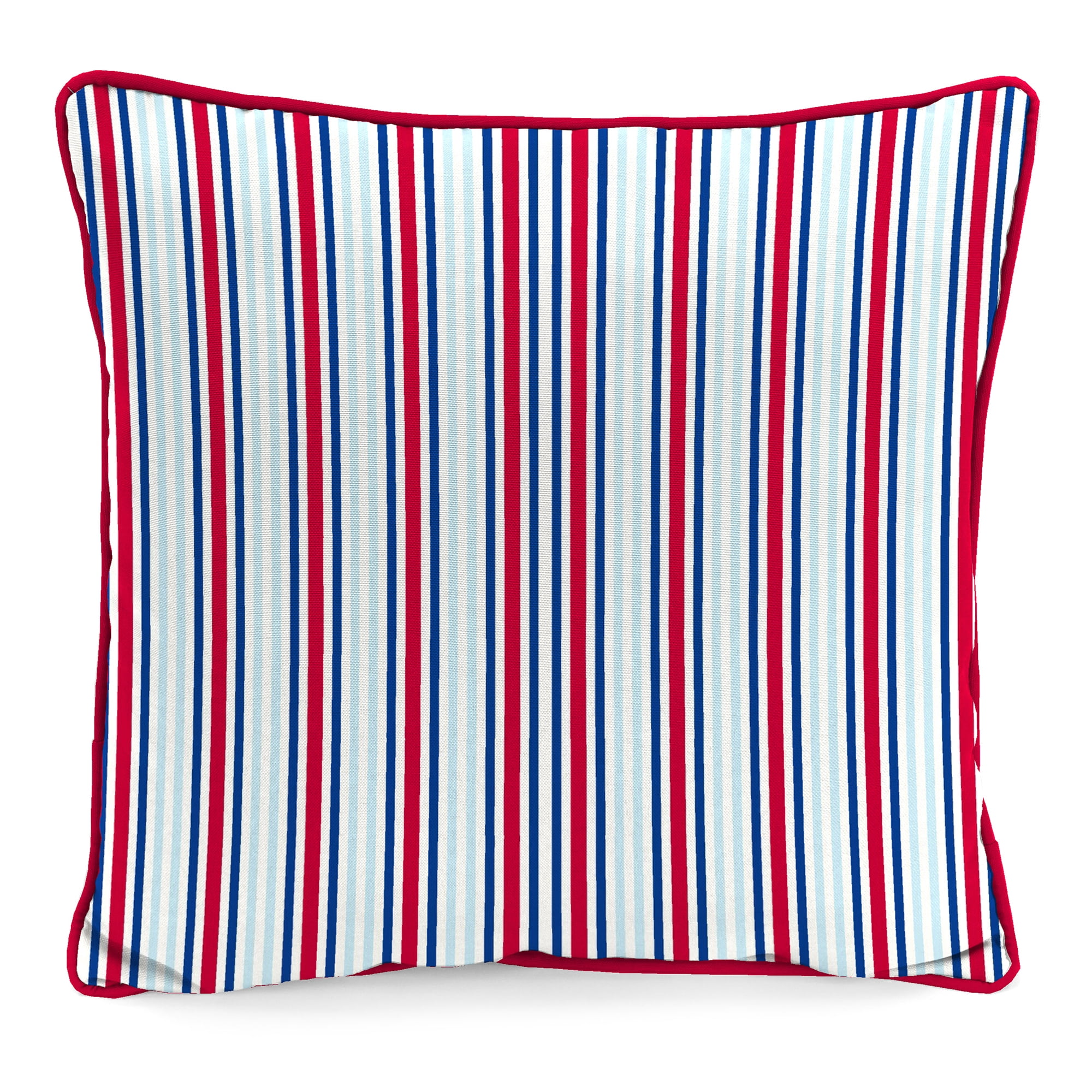Jordan Manufacturing 16" x 16" Red, White and Cool Multicolor Novelty and Stripe Reversible Square Outdoor Throw Pillow with Welt