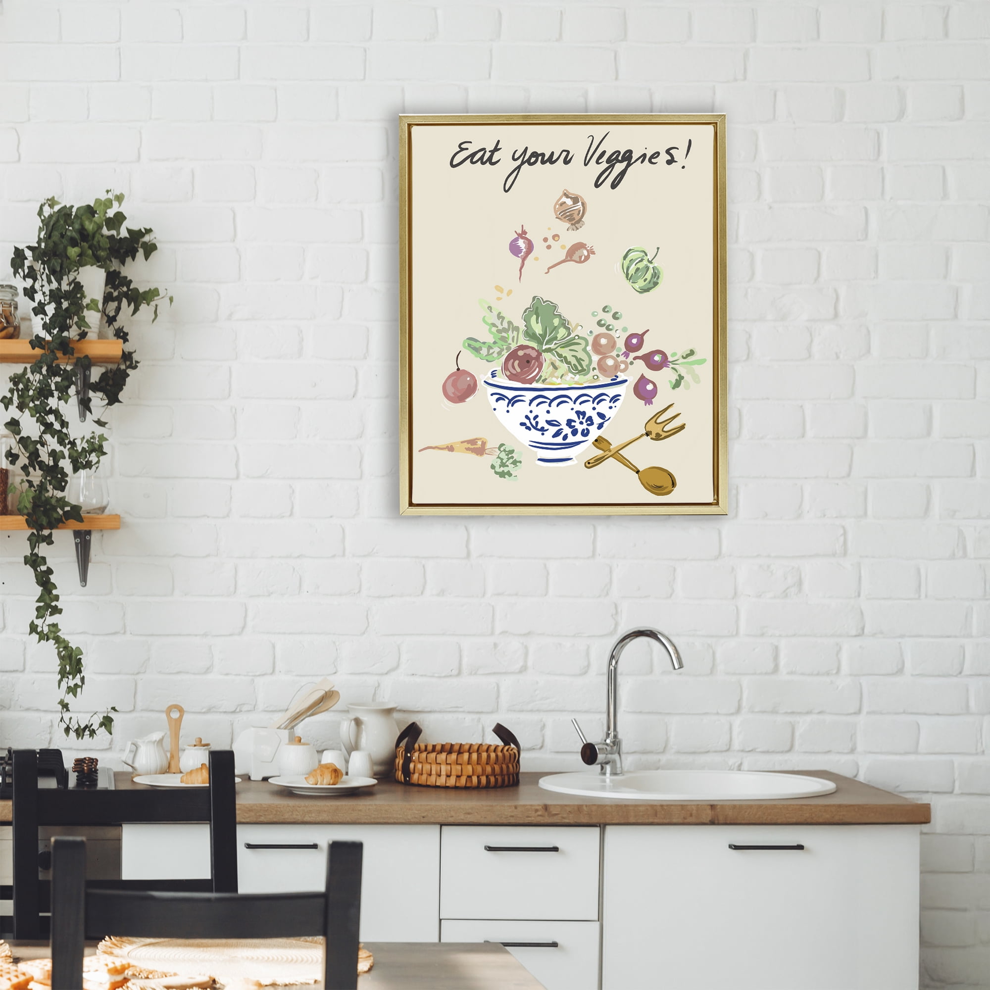 Stupell Industries Eat Your Veggies Bowl Gold Framed Floater Canvas Wall Art, design by Ani Del Sol