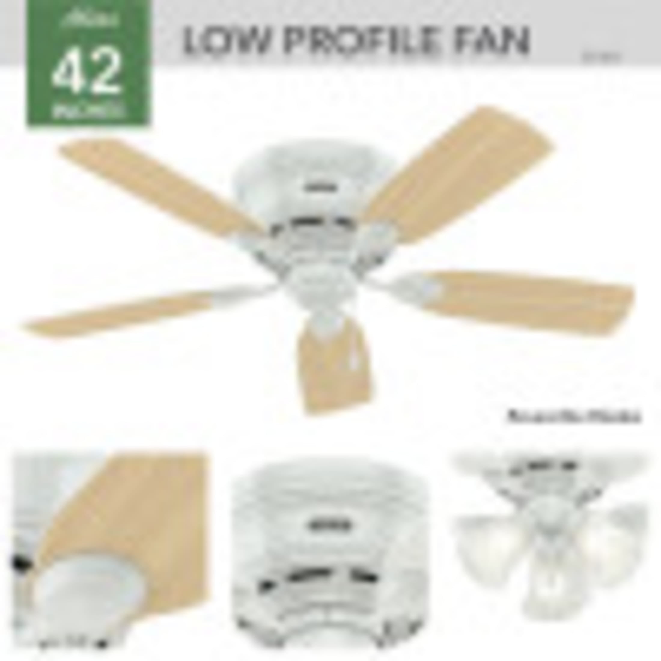 Hunter 42 inch Indoor Ceiling Fan No Light - White Ceiling Fan without Light, Low Profile Mount, 5 Blades, For Bedroom, Living Room, or Kitchen, Pull Chain - Low Profile IV 51059, Snow White