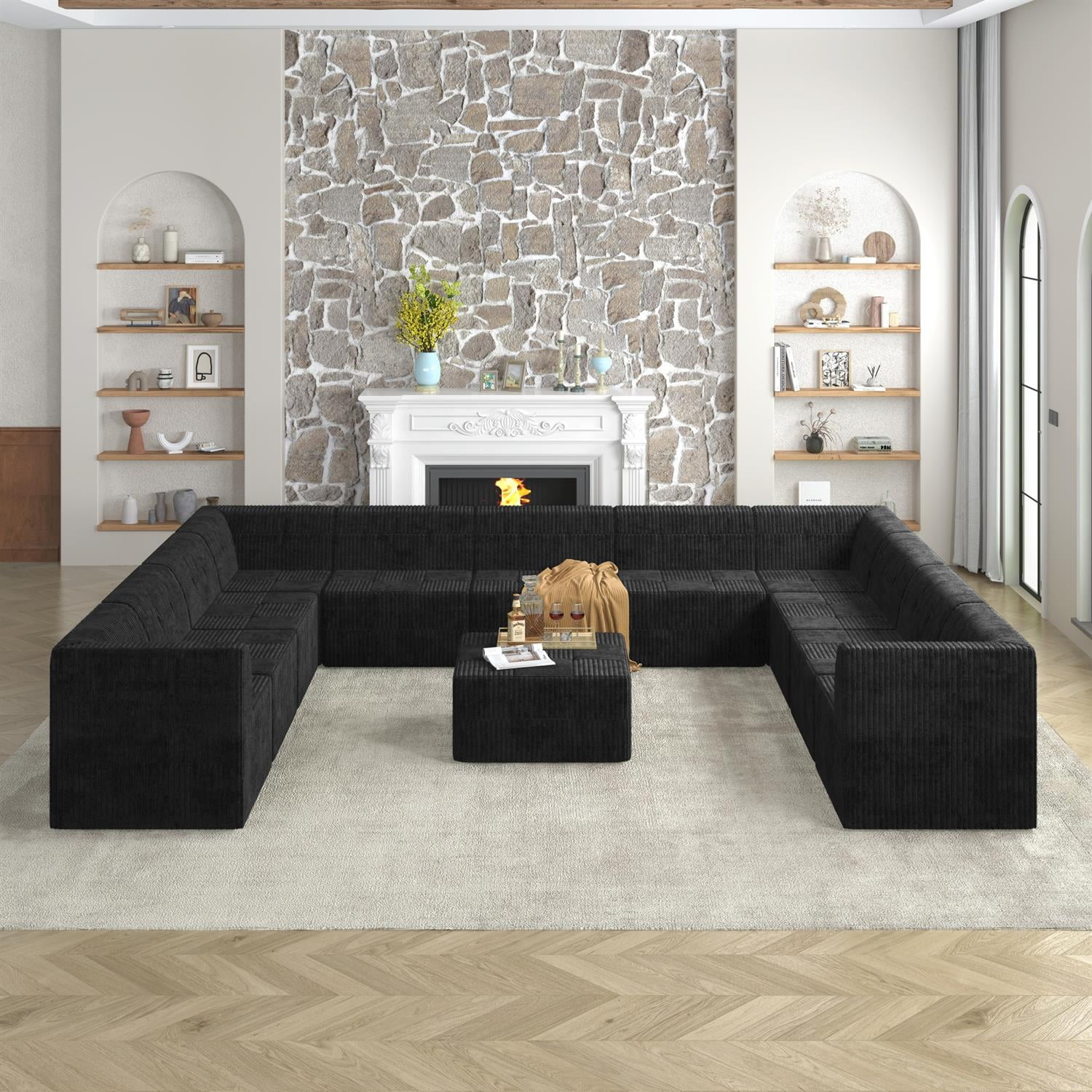 Demi Bonn 163" U-Shaped Modular Sectional Sofa, Modern Minimalist Style DIY Compressed Corduroy Couch for Living Room & Bedroom, Black