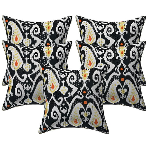 Stylo Culture Ethnic Sofa Throw Pillow Covers 16x16 Kantha Black Printed 40cm x 40cm Living Room Decor Cotton Ikat Square Cushion Covers | Set Of 5